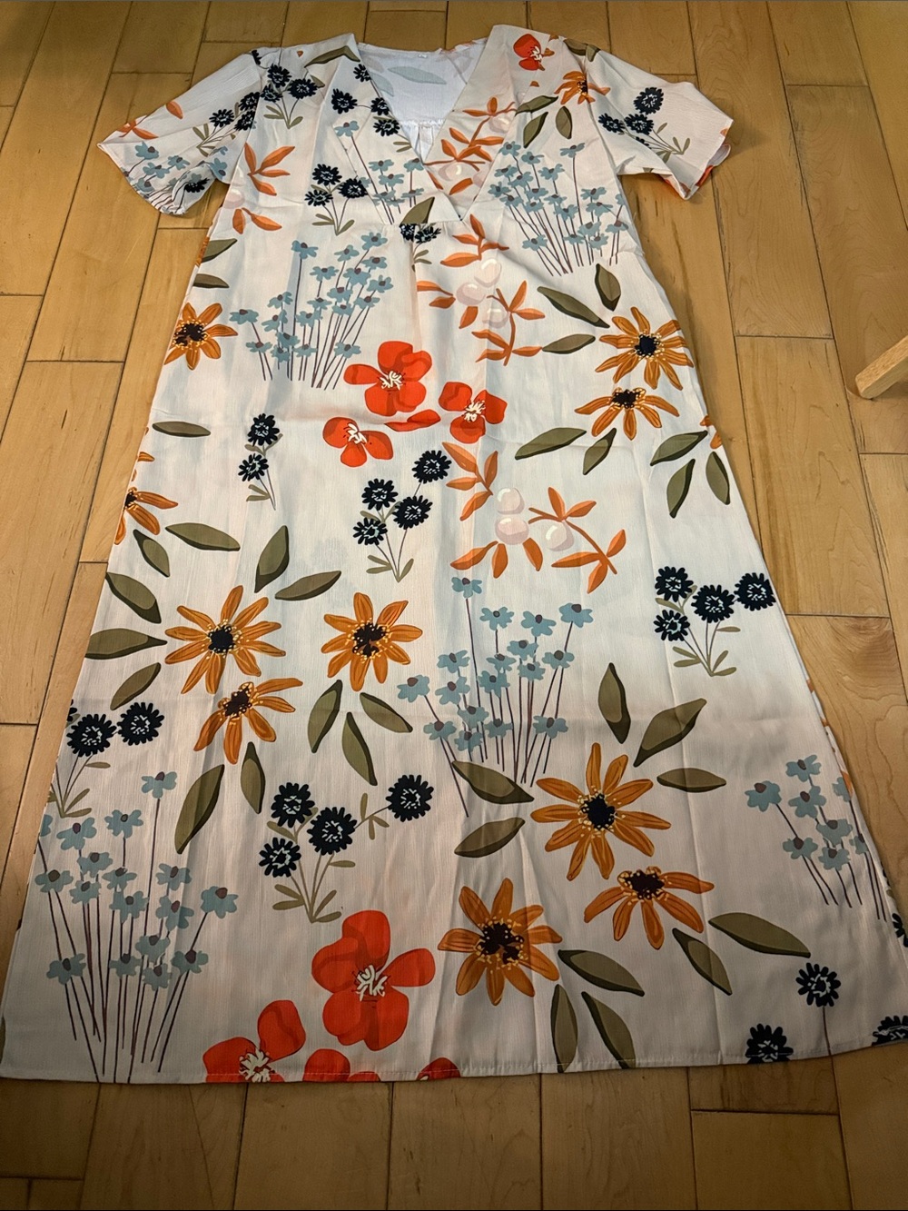 White Floral V-Neck Casual Maxi Dress with Orange & Green Print